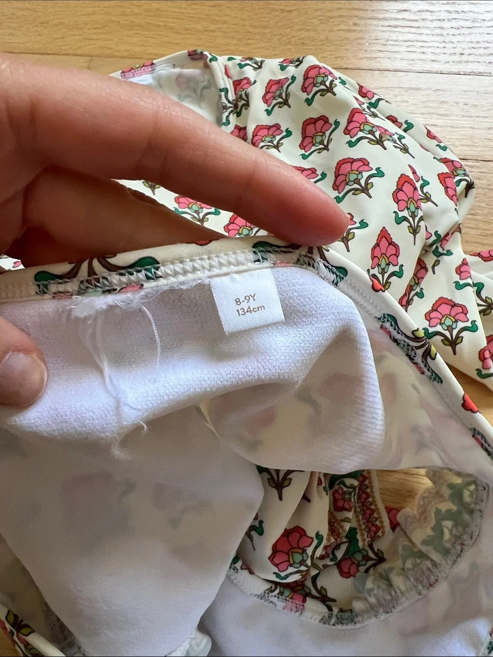 Mini Boden Rashguard Two-Piece Swim Set in Cream with Pink Floral Block Print